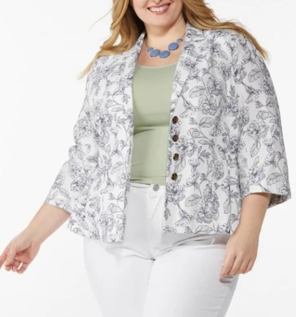 Cato Blazer XL White Gray Floral Linen Blend Lightweight Spring Office Chic